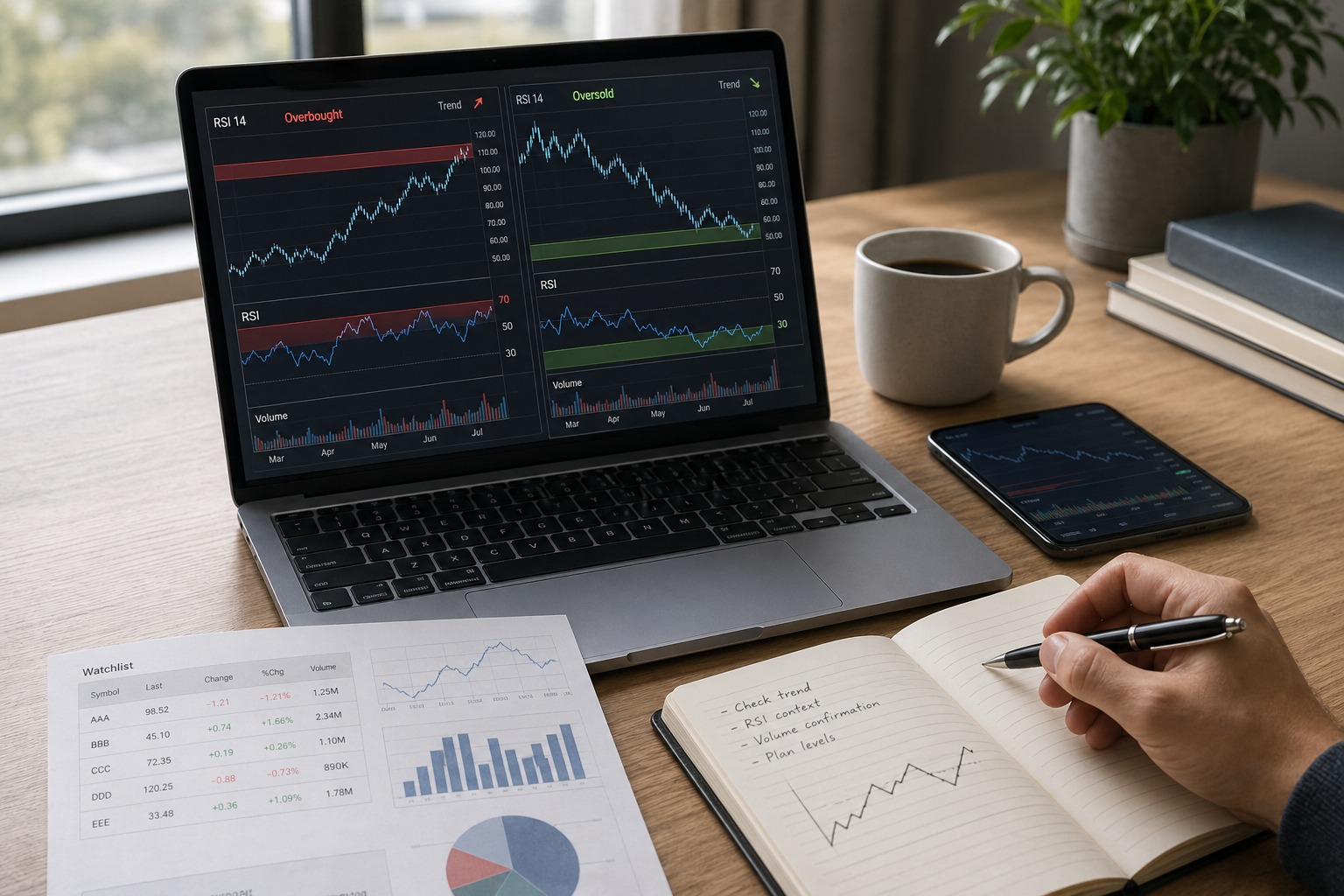 RSI на графике акции с уровнями 30 и 70