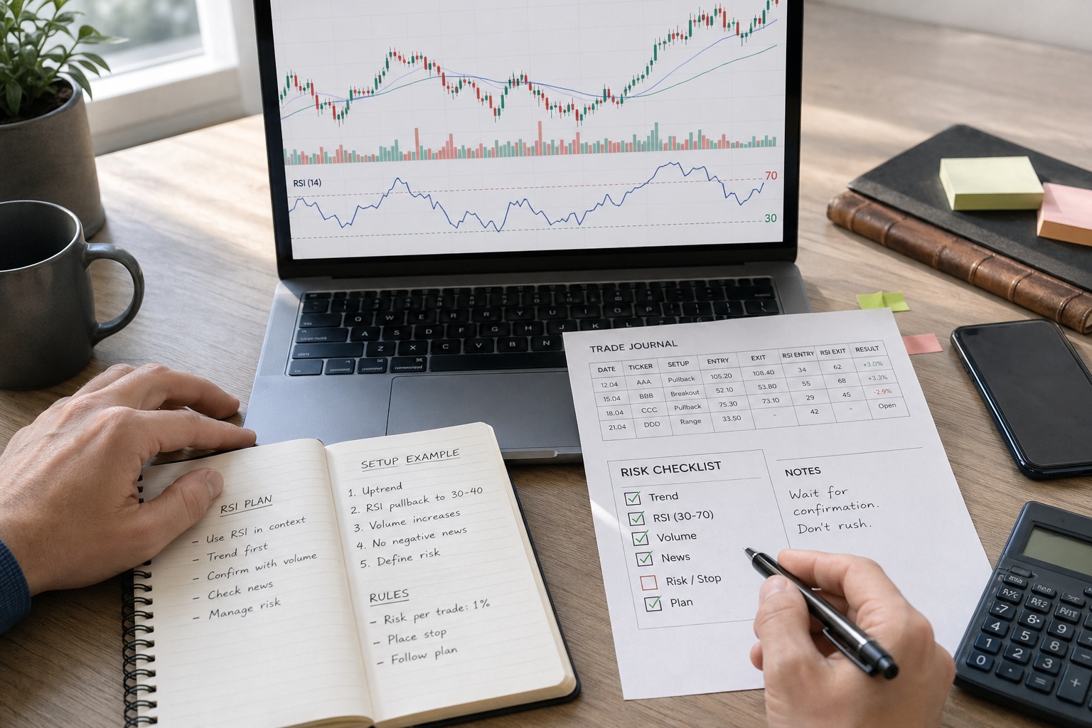 Проверка RSI вместе с трендом, объемом, новостями и риском